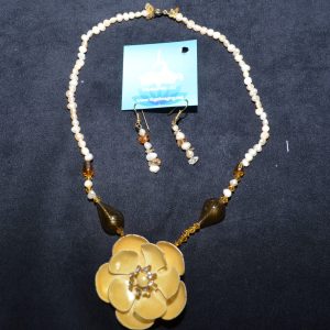 Necklace and Earrings, Freshwater Pearls, Handblown Glass Beads, Citrine with Vintage Brooch