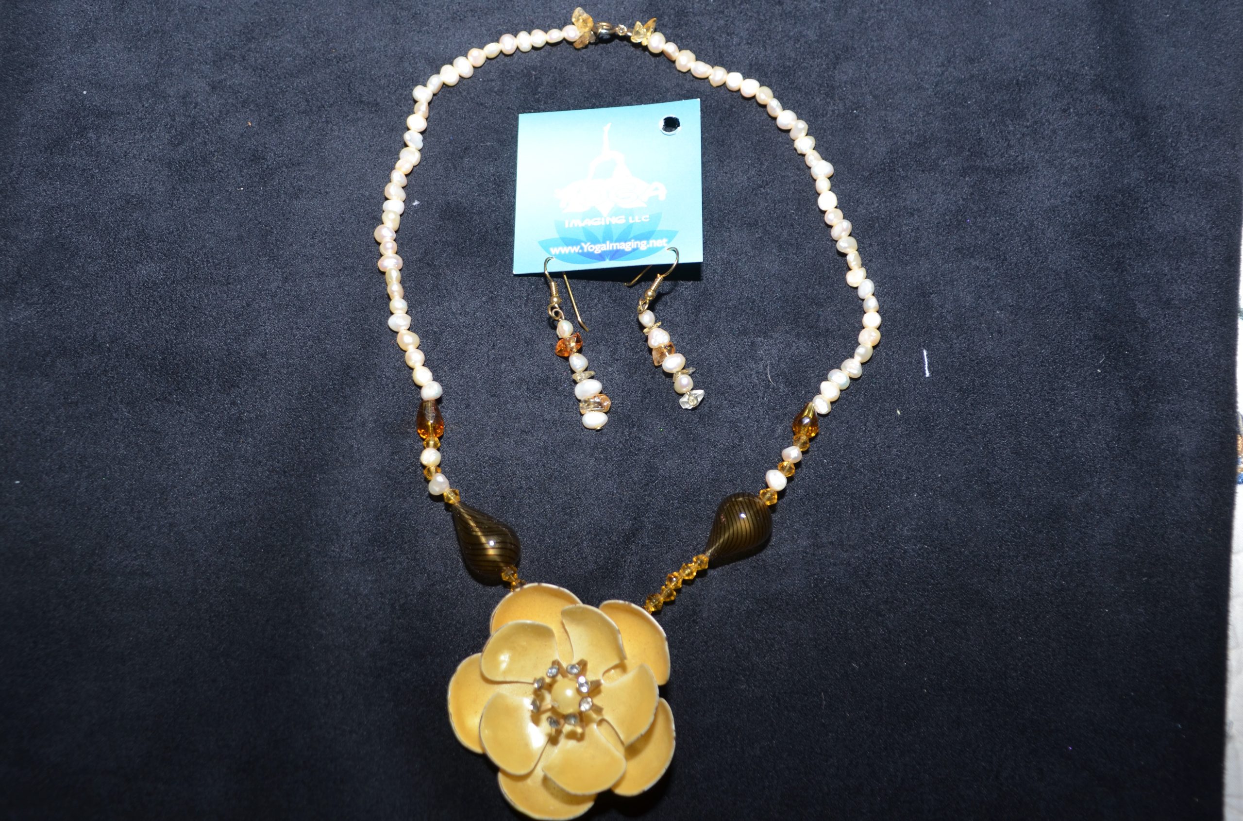 Necklace and Earrings, Freshwater Pearls, Handblown Glass Beads, Citrine with Vintage Brooch